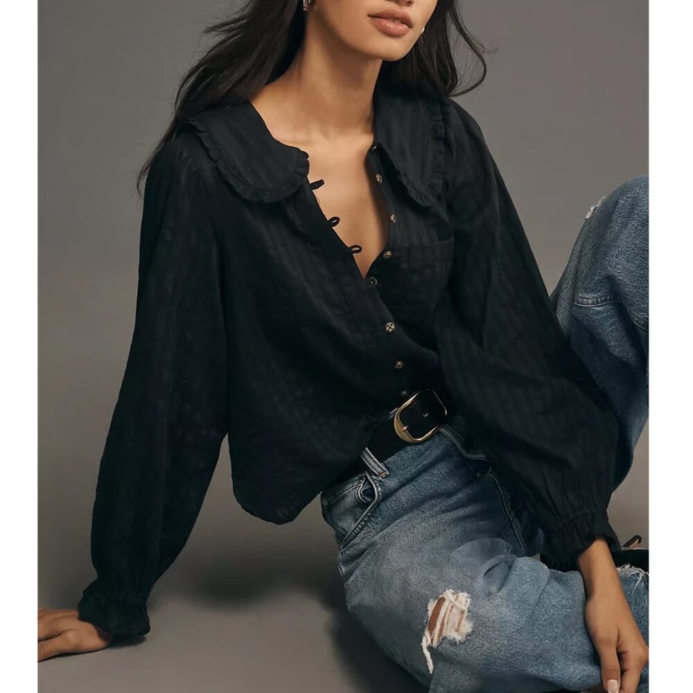 Anthropoloie Pilcro The Keira Collared Button-Front Blouse Long-Sleeve Edition M